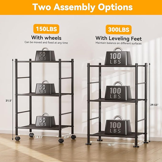 3 Tier Shelf Organizer Rack, Metal Shelving Unit with Wheels/Leveling Feet, Space-Saving Storage Shelves for Closet Laundry Bathroom Kitchen Pantry, 18.11" Wx12.6 Dx31.5 H