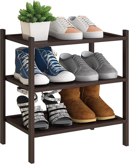 BMOSU 3-Tier Bamboo Small Shoe Rack Premium Stackable Shoe Shelf Storage Organizer for Hallway Closet Living Room Entryway Organizer(Brown)