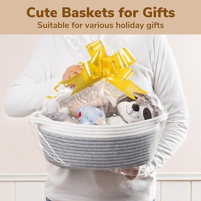 Goodpick Small Baskets for Gifts Empty, Easter Basket for Gifts Home Decor, Woven Burr Basket for Storage with Handles, Decorative Cotton Rope Baskets for Baby Shower Diaper Toy, 12" x 8" x 5"