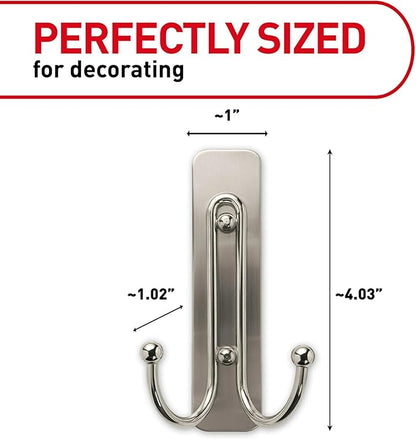 Command Large Satin Brass Double Hooks, 2 Hooks and 2 Strips, Damage-Free Wall Hook with Adhesive Strips, No Tools Coat Hook for Hanging Home Decor, Holds up to 4 lb