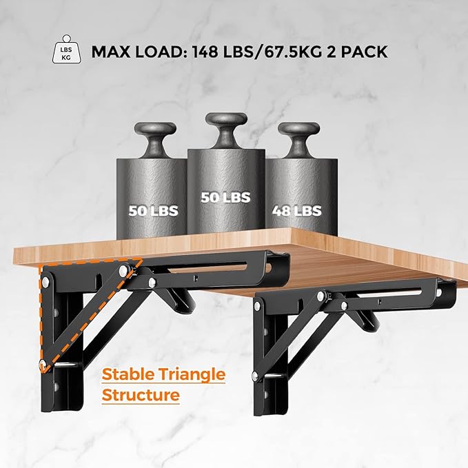 Ravinte 4 Pack 10 Inch Folding Shelf Brackets – Matte Black, Heavy Duty Collapsible Brackets for Tables and Benches – Space-Saving Design