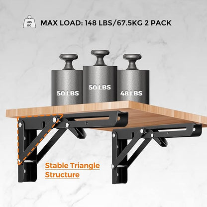 Ravinte 4 Pack 10 Inch Folding Shelf Brackets – Matte Black, Heavy Duty Collapsible Brackets for Tables and Benches – Space-Saving Design