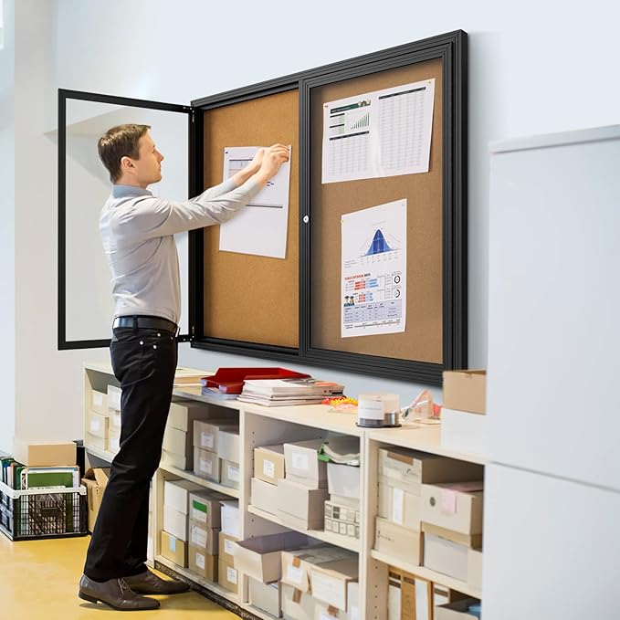 INNOVART Enclosed Bulletin Board 60”x36”, Lockable Cork Noticeboard with Black Aluminum Frame, Outdoor Enclosed Bulletin Board Weatherproof, Wall Display Case with Swing-Open Door Information Cabinet