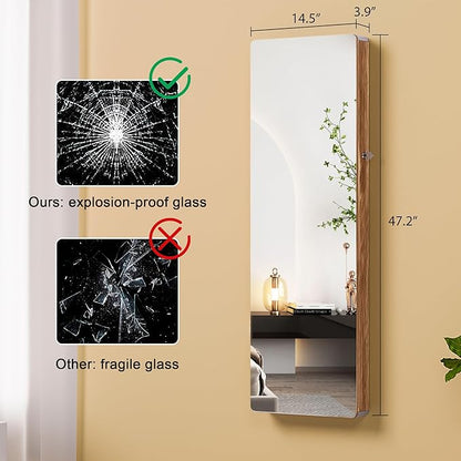 HNEBC LED Mirror Jewelry Cabinet,47.2" Wall Mounted Jewelry Organizer with Full-Length Mirror,Over The Door Hanging Jewelry Armoire Storage Cabinet,Folding Dresser,2 Drawers,Lockable, 3 Shelves(Wood)