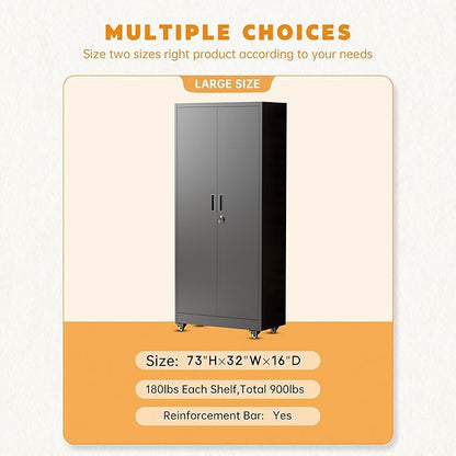 Greenvelly 73" Metal Storage Cabinet with Wheels, Lockable Rolling Metal Garage Cabinets with 2 Doors and 4 Adjustable Shelves, Rolling Tool Cabinet for Garage, Home Office, School