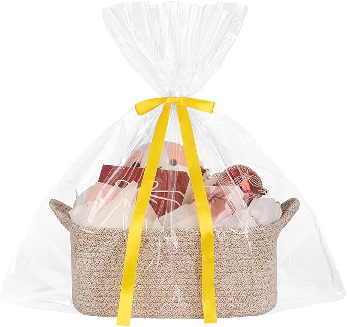 Basket for Gifts Empty, Woven Storage Basket with Gift Bag, Ribbon and Wrap Tissue Paper, Small Rope Toy Storage with Handles for Baby Shower, Dog Toy Organizer, 13.6" x 10" x 5.9”