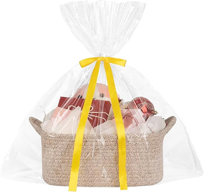 Basket for Gifts Empty, Woven Storage Basket with Gift Bag, Ribbon and Wrap Tissue Paper, Small Rope Toy Storage with Handles for Baby Shower, Dog Toy Organizer, 13.6" x 10" x 5.9”