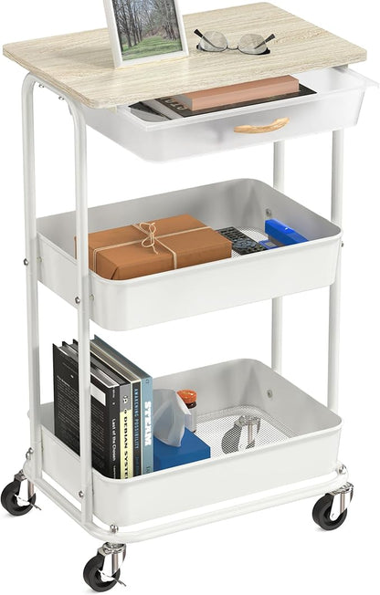 Simple Houseware 3-Tier Rolling Utility Cart with Drawer & Wood Tabletop - Mobile Sofa Side Table, Nightstand, Slim Storage Organizer Trolley for Bedroom, Bathroom, Office & Art Supplies, Maple