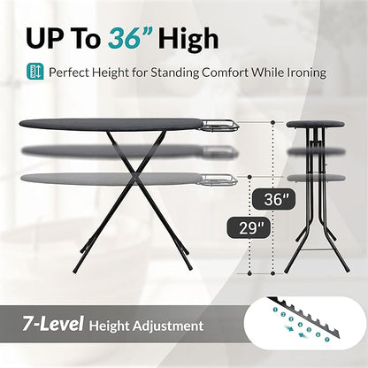 2026 Enhanced Ironing Board, Folding Iron Board with Retractable Iron Rest& Hook, 7-Level Height Adjustable Ironing Table with Thermo-Reflective Surface &10mm Thicken Pad, 43"x14"x36"