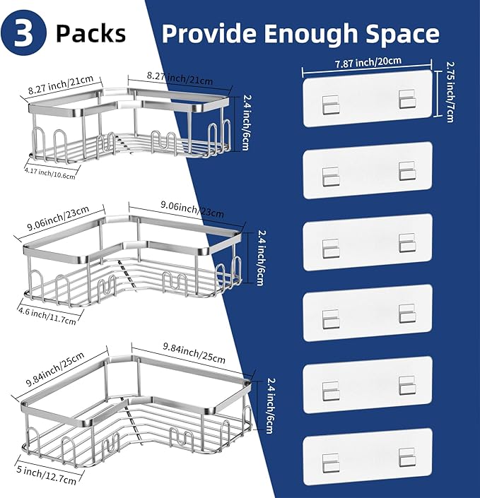 Menbyci 3 Pack Corner Shower Caddy, Adhesive Bathroom Shelves with 18 Hooks, Drill-Free & Quick-Dry Shower Organizer with Large Capacity, Rustproof Stainless Steel Bathroom Corner Storage Rack, Silver