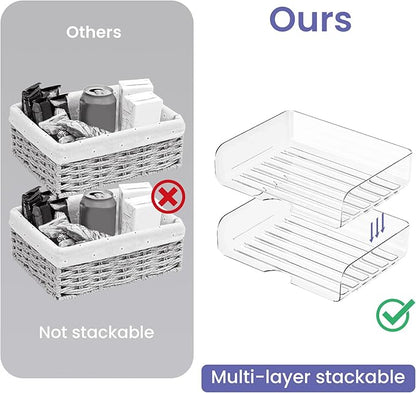 Tomorotec Desk Letter Tray Set, A4 Size Clear PET Stackable Document Organizer Office Desktop File Paper Holder Book Storage Rack Side Load Anti-Skid Stacking Support Convex Bottom (2X Landscape)