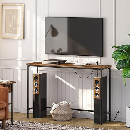 HOOBRO 47.2" Console Table with Power Outlets and USB Ports, Sofa Narrow Entryway Table with Charging Station, Behind Couch Table, Hallway, Foyer, Living Room, Bedroom, Rustic Brown BF301XG01G1