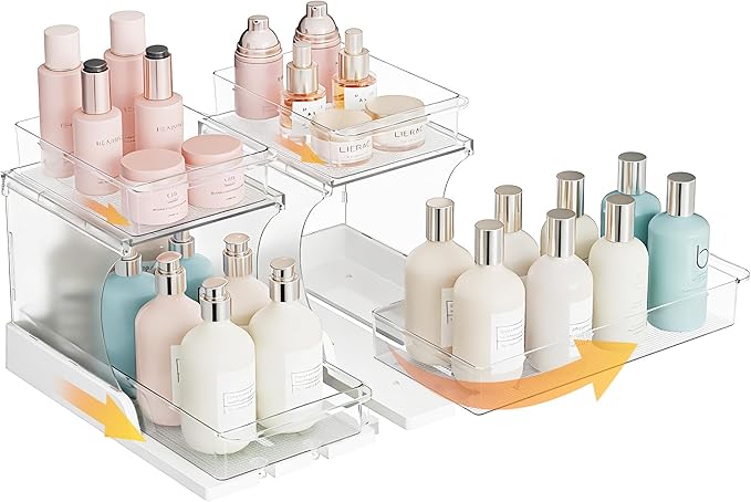 Attelite 2 Tier Pull Out Cabinet Organizer with 180° Rotating & Foldable Design, 2 Pack Sliding Drawers for Kitchen & Bathroom Storage, Fits Under Sink, Pantry, Cabinet