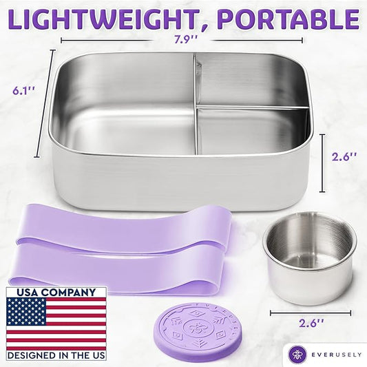 Everusely - Bento Box - Lavender, 47oz / 1.4 L - Large Stainless Steel Lunch Box with Leakproof Condiment Container - 3 Compartment Snack Organizer for On the Go Meals - Freezer & Dishwasher Safe