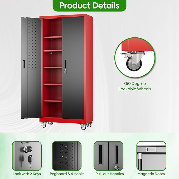 71" H Garage Storage Cabinet with Wheels and Pegboard, Lockable Metal Storage Cabinet with 5 Adjustable Shelves and 4 Hooks for Garage,Warehouse, Home, Assembly Required, Black and Red