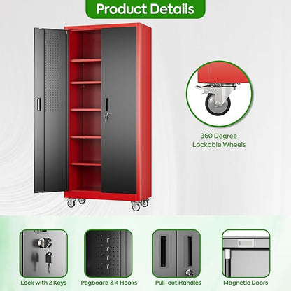 71" H Garage Storage Cabinet with Wheels and Pegboard, Lockable Metal Storage Cabinet with 5 Adjustable Shelves and 4 Hooks for Garage,Warehouse, Home, Assembly Required, Black and Red