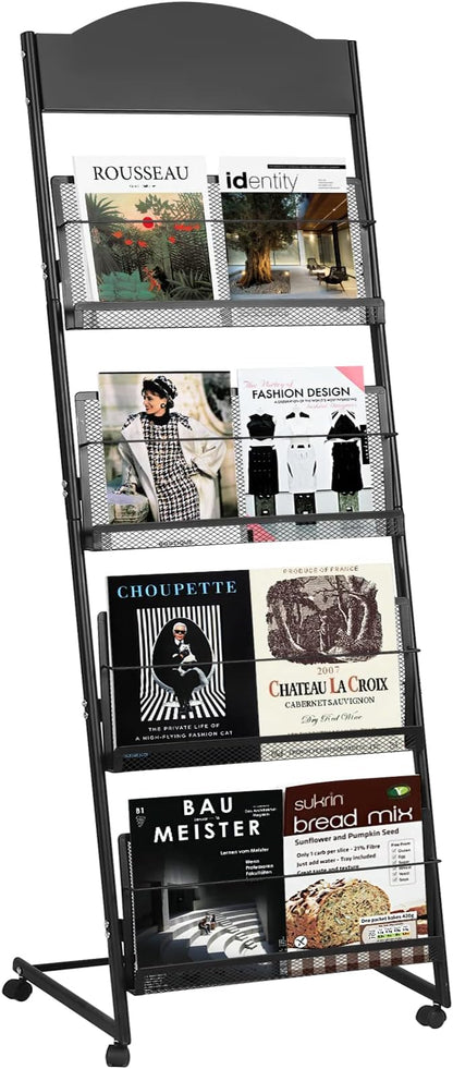 18.9''W Floor-Standing Magazine Display Rack, Rolling Journals, Brochure & Newspaper Stand, Literature Holder for Trade Shows, Exhibitions, & Offices, Black