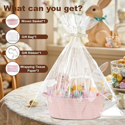 OIAHOMY Gift Basket with Handle, Easter Basket with Gift Bag, Ribbon and Wrap Tissue Paper, Nursery Bins Empty to Fill with Small Items, Baby, Pet Toy Organiser - Easter Pink