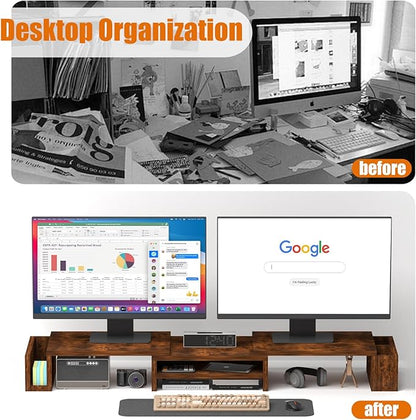 Wood Dual Monitor Stand Riser, Desk Organizers and Accessories with Storage Pen Holders, Adjustable Length and Angle 3 Shelf Extra Long 46" Desktop Organizer for 2 Monitors, Computer, Laptop, TV,Rustic Brown (Triple)