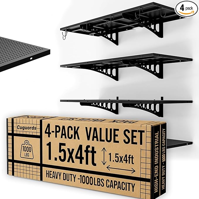 4-Pack 1.5x4ft Wall Storage Shelves, 1000 Lbs Garage Wall Shelf, Heavy Duty Floating Tool Rack with Complete Install Kit, Black