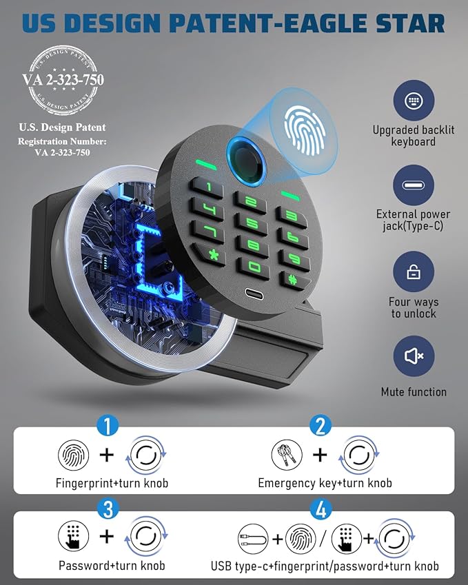 Kavey 2.0 Cub Biometric Fingerprint Safe Box, Home Safe with Dual Alarm System, Money Safe With Mute Function and LED Light, Safes with Removable Shelf, Safes for Money Valuables
