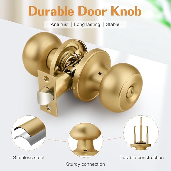 Probrico Champagne Bronze Door Knobs for Bedroom Bathroom, Interior Door Knob with Round Ball, Champagne Privacy Door Knob, 1 Pack
