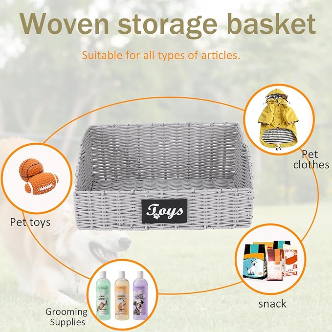 Dog Toy Basket,Cat Toys Bin,Woven Storage basket for Dog Cat Toys,Foldable Dog Toy Box for Living Room Area,Pet Organizer with Wire Frame,Ideal for Pet Accessories(Gray)