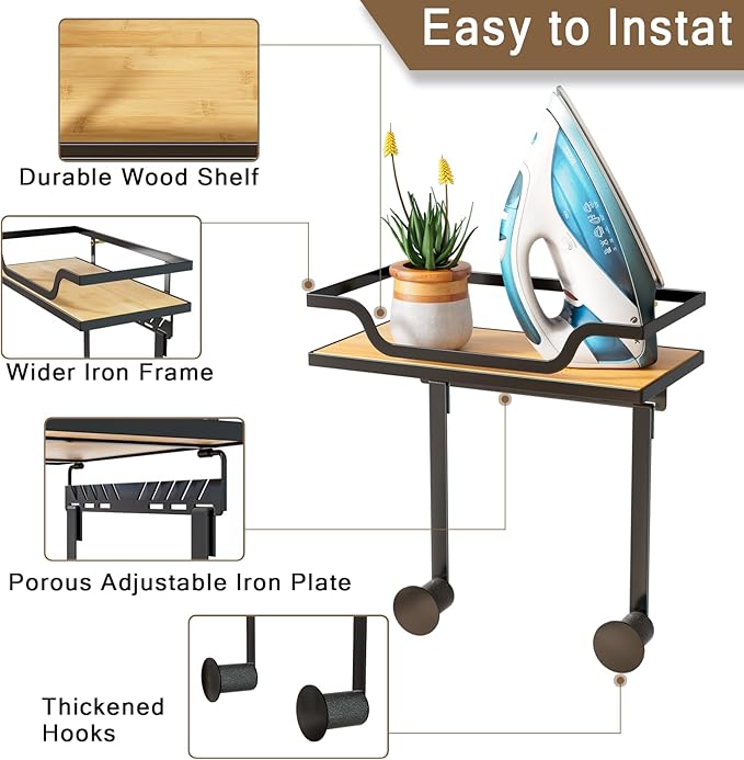 Ironing Board Hanger Wall Mount with Renewable Natural Fiber Shelf, Heavy Duty Iron Board Holder for Laundry Room Organization and Storage, Fits T & Y Shaped Leg Boards, Space Saving, Black