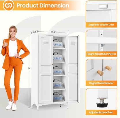 61" Tall Kitchen Pantry Storage Cabinet with 2 Doors and 4 Adjustable Shelve, Metal White Food Pantry Cabinet, Kitchen Cabinet Storage Unit,5 Tier Freestanding Cupboard for Kitchen Dining/Living Room