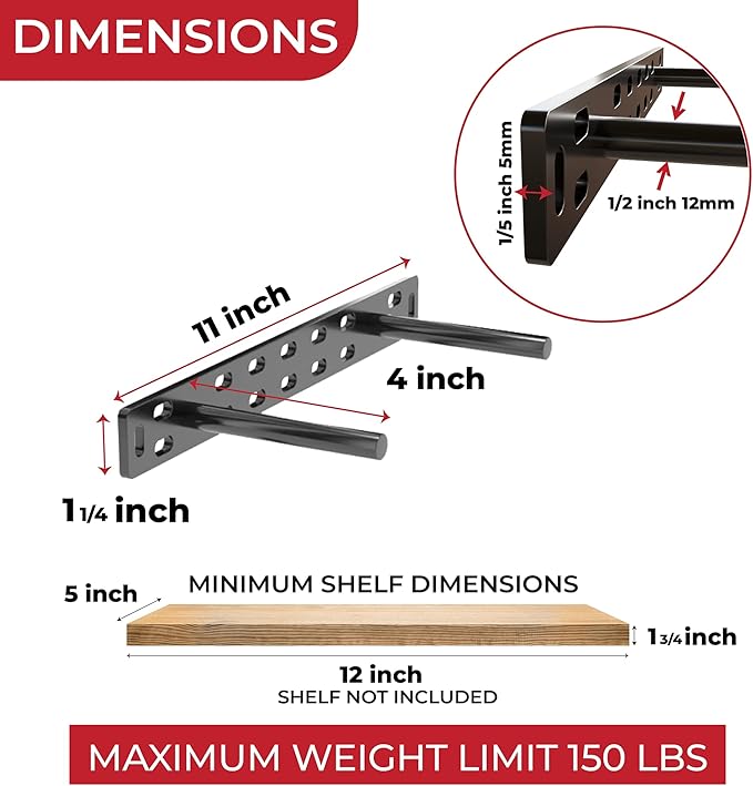 Set of 2 Floating Shelf Brackets 11 inch Multiple Mounting Location Baseplate/Heavy Duty Black Painted Mild Steel Bracket Hidden Wall Shelves Support Hardware Mount Kitchen/Nursery Decor (4 inch Rods)