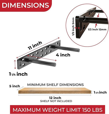 Set of 2 Floating Shelf Brackets 11 inch Multiple Mounting Location Baseplate/Heavy Duty Black Painted Mild Steel Bracket Hidden Wall Shelves Support Hardware Mount Kitchen/Nursery Decor (4 inch Rods)