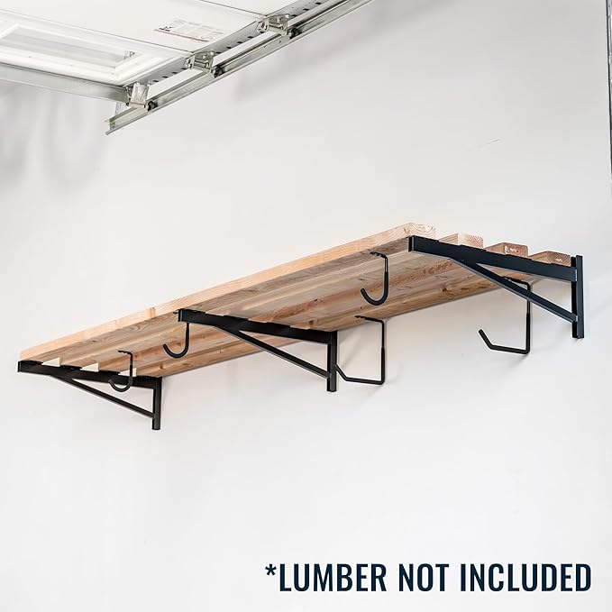 StoreYourBoard 24 Inch Heavy Duty Shelf Brackets, Set of 3 for 2' x 8' DIY Garage Wall Shelf, Holds 450 lbs, Solid Steel, Includes 5 Hooks for Hanging Storage, 23.75" x 1" x 9.5" 3-Pack