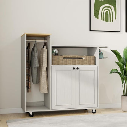 Multipurpose Rolling Ironing Board with Storage Cabinet, Wooden Ironing Cabinet with Wheels, Ironing Table with Heat-Resistant Sponge