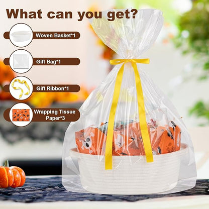 OIAHOMY Halloween Basket with Handle, Small Woven Gift Basket with Gift Bag, Ribbon and Wrap Tissue Paper, Nursery Bins Empty to Fill with Small Items, Baby, Pet Toy Organizer - White & Orange