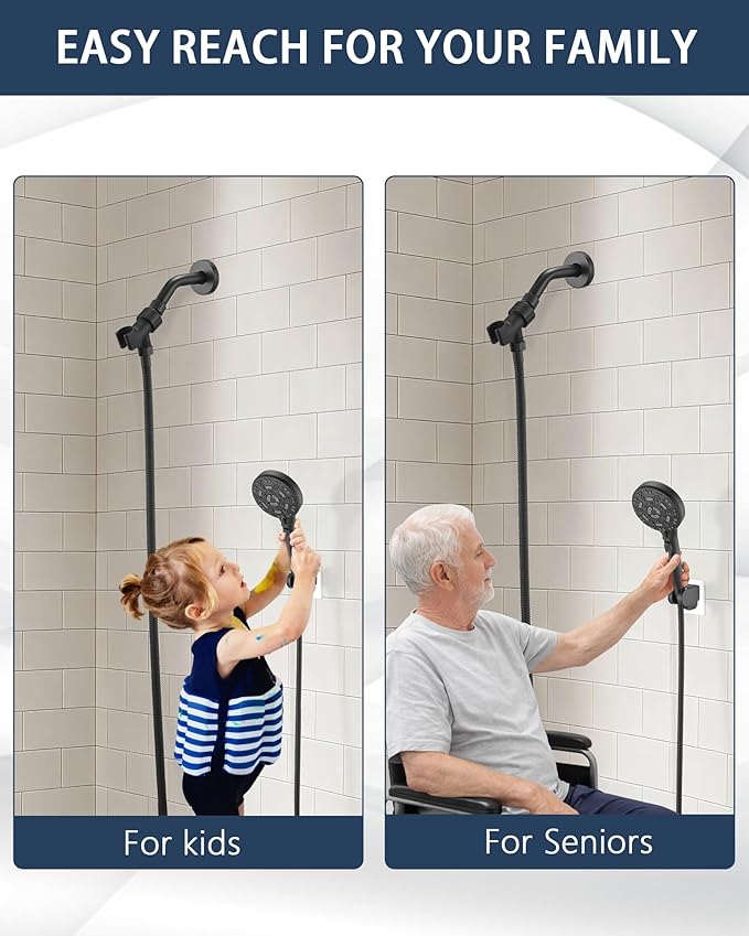 Handheld Shower Head Holder Super Strong Adhesive No Drill Adjustable Wall Mount for Hand Held Wand, Ideal for Kids, Elderly, and Short Users (Matte Black)