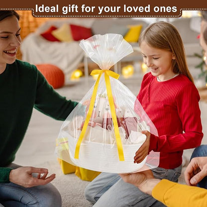 OIAHOMY Gift Basket with Handle, 13.4"x 10"x 5.5" Woven Basket with Gift Bag, Ribbon and Wrap Tissue Paper, Nursery Bins Empty to Fill with Towels, Baby, Pet Toy Organizer - White