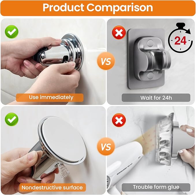 Strong Suction Cup Shower Head Holder - No Drill Handheld Shower Bracket for Seniors, Kids & Pets, Tool-Free Adjustable Height Bathing Aid for Tile/Glass, Rustproof ABS Construction