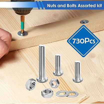 smseace 730Pcs 304 Stainless Steel Machine Screws Assortment Kit#10-24#8-32#6-32#4-40 Phillips Pan Head Assorted Nuts and Bolts for Machinery, Furniture, Automotive, Motorcycle Repairs