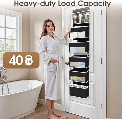 6-Tier Over The Door Organizer Hanging Storage Organizers with Clear Window 40lb Large Capacity Room Organizer for Pantry Bathroom Nursery Closet(Black)