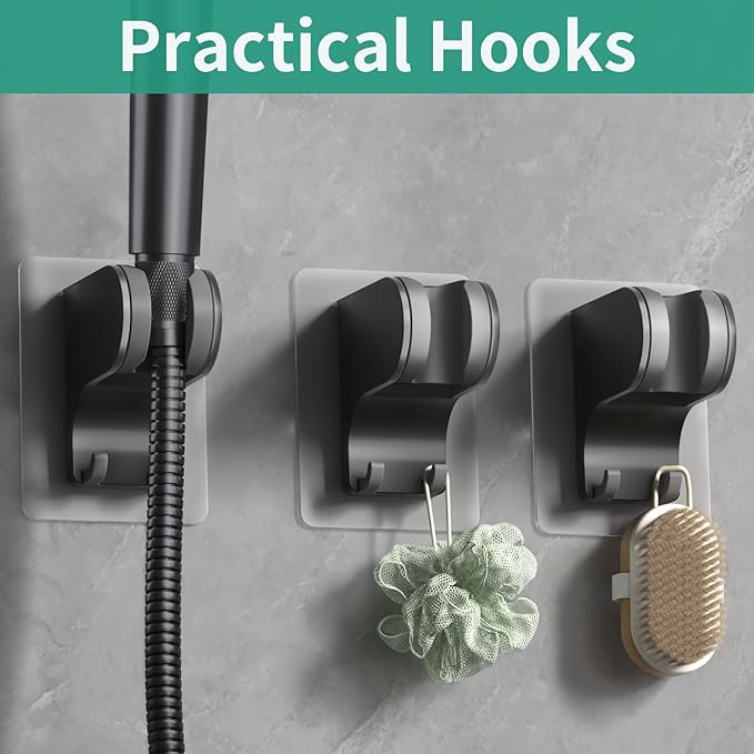 Hand Held Shower Head Holder Wall Mount, Shower Hose Holder Adhesive with 2 Hanger Hooks, Adjustable Shower Handle Holder, No Drilling Shower Wand Holder (Black, 1 Pack)