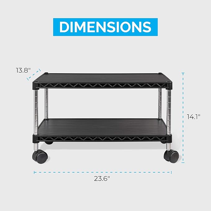 ZBRANDS Under Desk Printer Stand with Storage 24" X 14", Printer Cart, Small Printer Stand with Wheels, Small Printer Table for Home Office, Heavy Duty Low Rolling Cart, (Regular, Black)