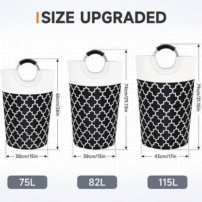 Large Laundry Basket Laundry Hamper Bag Washing Bin Clothes Bag Collapsible Tall with Handles Waterproof Travel Bathroom College Essentials Storage for College Dorm, Family (Black) 75L