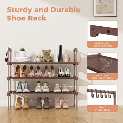 3 Tier Shoe Rack for Closet Shoe Organizer with 5 Hooks, Long Shoe Shelf Storage for Shoe and Boot Stackable Free Standing Shoe Rack for Entryway, Garage, Small Spaces, Dorm, Brown