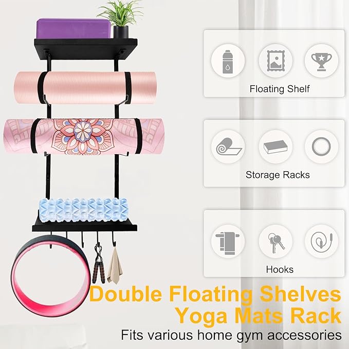 Yoga Mat Holder Wall Mount, Yoga Mats Rack with Double Floating Shelves, Yoga Accessory Storage Rack with 5 Hooks for Resistance Bands and Workout Equipment for Home Gym Storage, Black