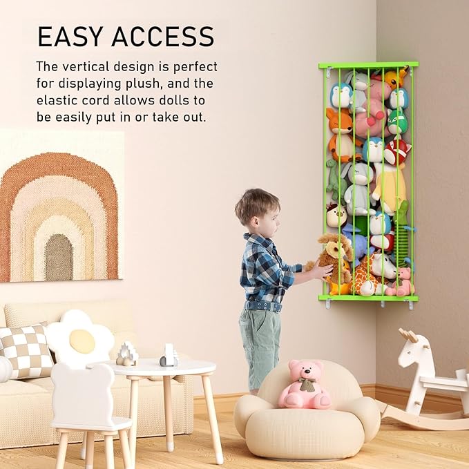 Stuffed Animal Storage Corner Organizer- Stuffed Animal Holder with Length Adjustable - Wall Plush Storage Hanging Stuffed Animal Net for Wall (Green, Standard)