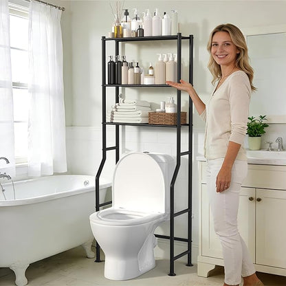 3-Tier Over The Toilet Storage, Freestanding Metal Bathroom Shelves, Space Saver Above The Over Toilet Storage Shelf for Bathroom (Black)