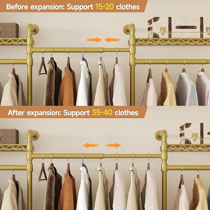 P3 Industrial Pipe Closet System, Wall Mounted Garment Racks with 4 Telescopic Rods & 6 Mesh Shelves, Heavy Duty Clothing Clothes Rack for Walk-in Closets (Gold)