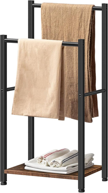 HOOBRO Free Standing Towel Rack for Bathroom, 2 Tier Blanket Rack, 16.5" L x 9.4" W x 31.5" H, Blanket Holder, Drying and Display Rack with Shelf, Rustic Brown and Black BF02LB01