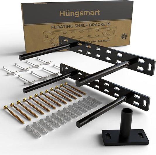 Set of 2 Floating Shelf Brackets 11 inch Multiple Mounting Location Baseplate/Heavy Duty Black Painted Mild Steel Bracket Hidden Wall Shelves Support Hardware Mount Kitchen/Nursery Decor (6 inch Rods)