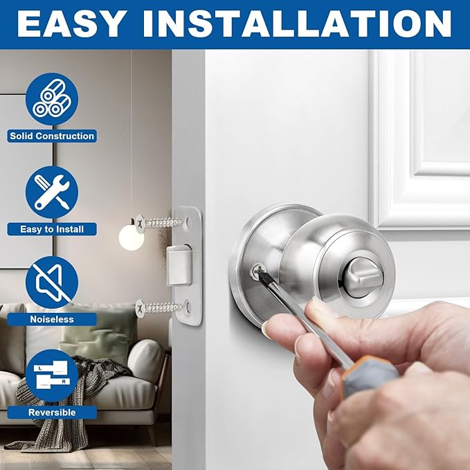 Sopoby Privacy Door Knob, 10 Pack Brushed Nickel Round Keyless Doorknobs Interior/Exterior Lockset, Privacy Locking Door Knobs for Bedroom/Bathroom, Modern Design Door Hardware